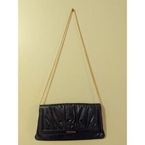 Vintage Susan Gail Dark Navy Leather Clutch W Gold Chain, MCM, Retro